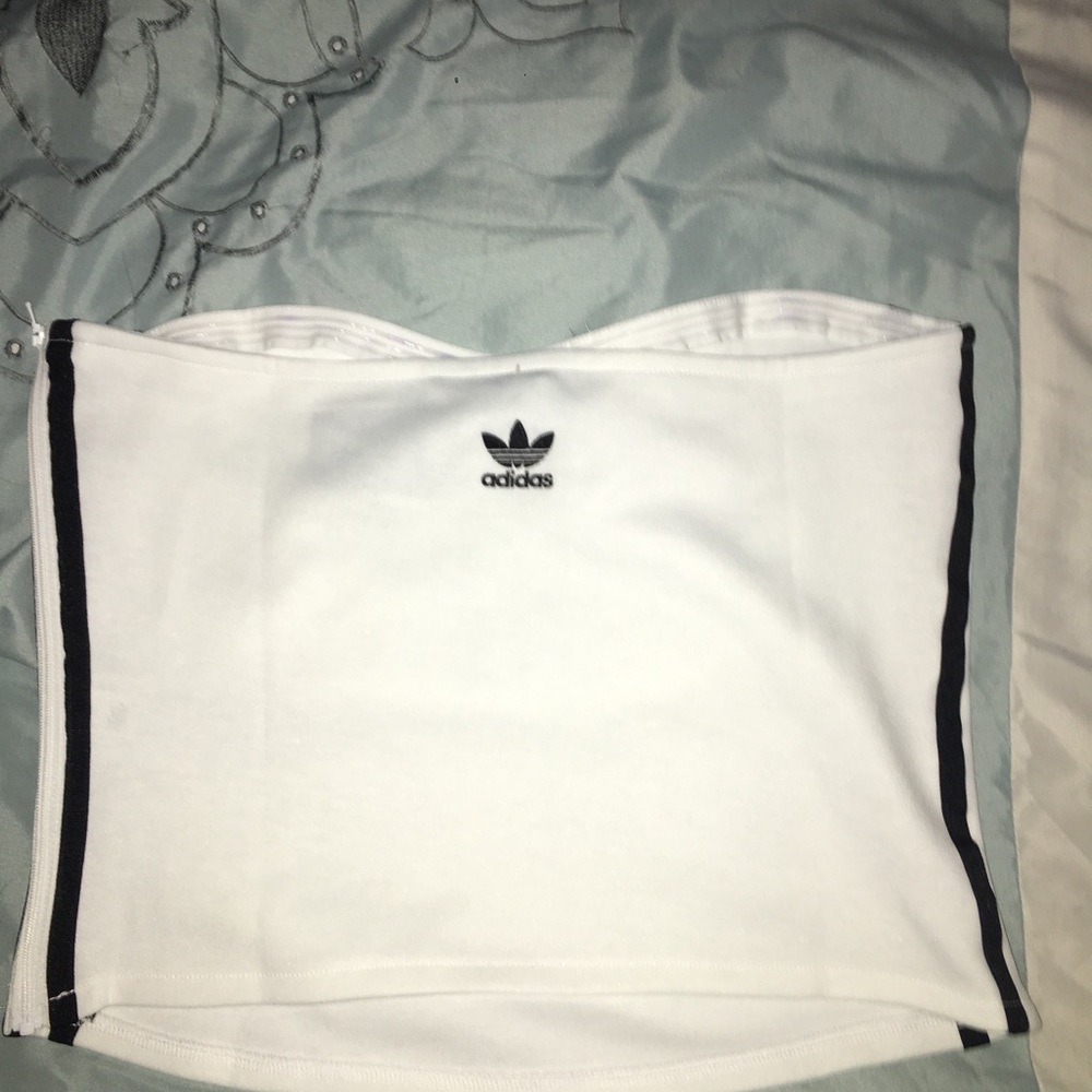white adidas bandeau tube top with side stripes